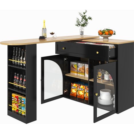 Mesa de comedor extensible con estante lateral de 3 niveles y puertas de vidrio giratoria para cocina 138-204x39x104 cm (1/5)
