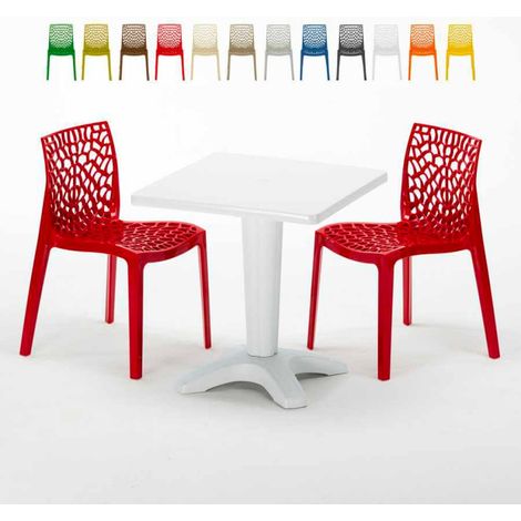 Table Carrée Blanche 70x70cm Avec 2 Chaises Colorées Grand Soleil Set Bar Café Gruvyer Patio - Rouge (1/5)