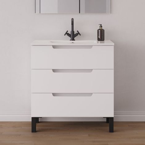 Meuble de salle de bain 70cm simple vasque - sans miroir - 3 tiroirs - blanc mat - RIZA (1/5)