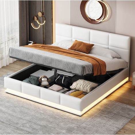 DESVIAE Lit rembourré 160 x 200 cm avec LED sommier métallique coffre de lit hydraulique tête de lit réglable en hauteur blanc (1/5)