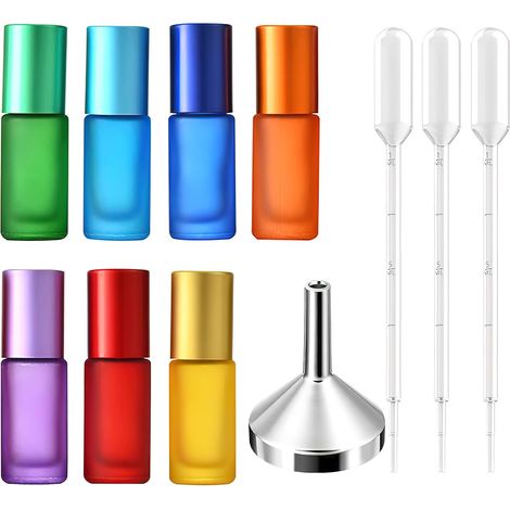leere 5-ml-Glasfläschchen zum Aufrollen ätherischer Öle mit Spritze und Trichter für ätherische Öle, Parfums, Lotionen, Massageöle und Aromaöle (1/5)