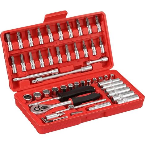 Set mit 53 professionellen Steckschlüsseln aus Chrom-Vanadium-Stahl, inklusive Ratschenschlüssel und 1/4"-Bits (1/5)
