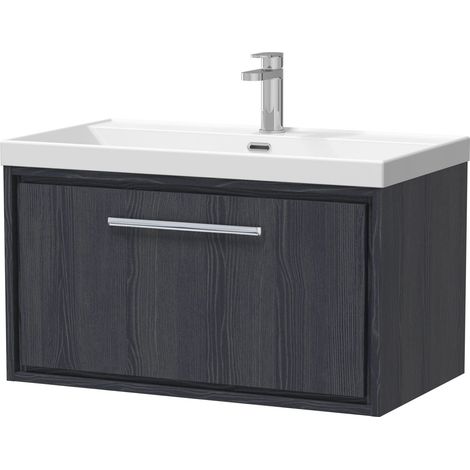 Longnor 1 Drawer Wall Hung Vanity Unit with 1 Tap Hole Thin Edge Basin, Woodgrain Graphite Grey, 800mm
