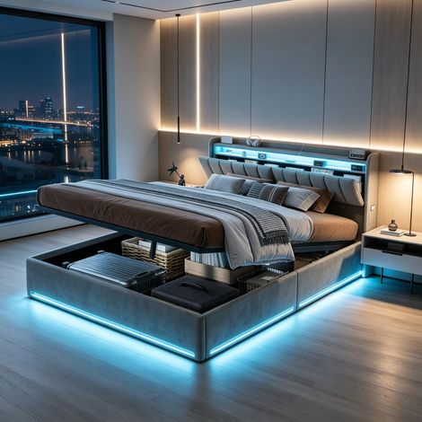 FOERPL-Letto 160 x 200 cm con rete a doghe, letto contenitore 160 x 200 cm con LED e porte USB, letto matrimoniale imbottiti 160 x 200 cm con testiera e contenitore, letto per adulti con rete a doghe