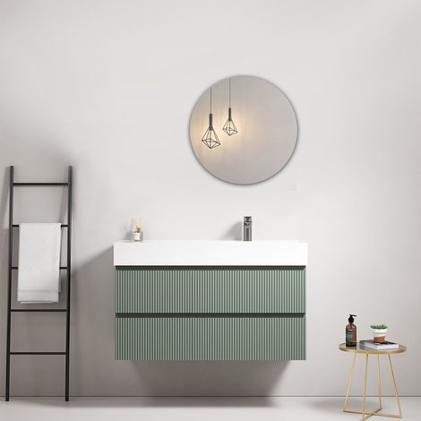 Mobile bagno sospeso cannettato 100 cm Verde Salvia Lavabo a Destra in Resina Specchio Tondo - Fiji Paint (1/4)