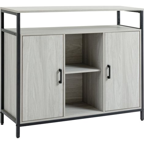 Credenza Moderna in Legno con 2 Armadietti e Ripiani, Mobile Cucina e per Ingresso Grigio Chiaro, 100x34x87.2cm
