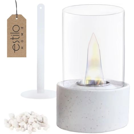 Cheminée bio de table autoportante blanche 24 cm avec pierres décoratives - ronde blanche (1/5)
