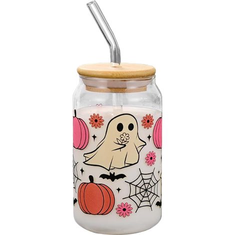 Tasses en verre d'Halloween avec couvercles et pailles – Tasse à café glacé en verre avec couvercles – Tasse à café glacé avec couvercles – Tasse à café glacé avec couvercles pour Halloween, adultes (1/5)