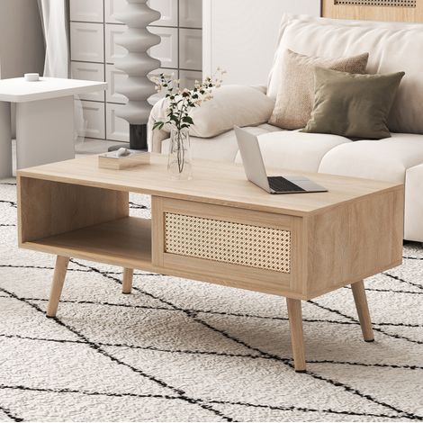 Mesa baja rectangular efecto ratán natural, puerta corredera y almacenamiento (1/5)