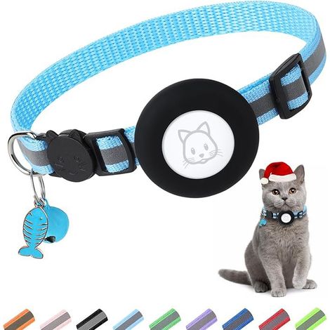 Collier réfléchissant pour chat en forme d'arête de poisson - Positionnement avec manchon en silicone Airtag（Bleu ciel）