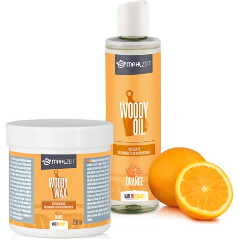 Mahlzeit Set de cuidado de la madera WOODY WAX con cera de abejas WOODY OIL aceite para madera