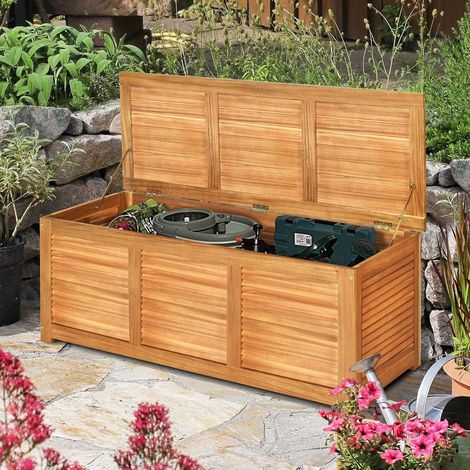 Goplus – Coffre de jardin en bois d'acacia certifié FSC 120x45x45cm – Boîte de rangement avec couvercle et capacité 150kg – Idéal pour outils et coussins - FSC-120x45x45CM-