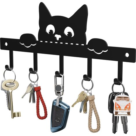 Porte-clés mural chats, animaux crochet à clé autocollant, étagère sans perçage porte-clés mural déco, polyvalent métal accroche mural,pour hall d'entrée, salon, cuisine, couloir (noir)