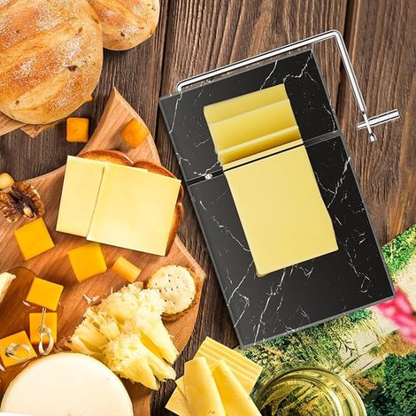 Cheese Slicer with Replacement Thick Cutting Wires 5x8 Inch Marble Board for Cheese Blocks Butter Cheese Kitchen Tool Black (1/3)