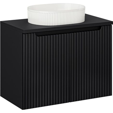 Ensemble VANO 80cm: Unterschrank mit Schränken + Matte schwarze Waschtischplatte + Weiße gerillte Aufsatzwaschbecken