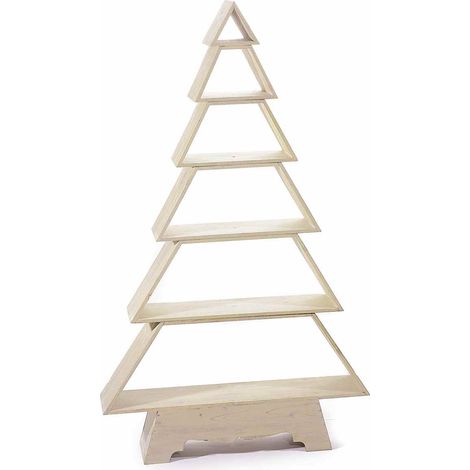 Scaffali natalizi a forma di albero, espositori in legno naturale con 6 mensole mobili, cm 73,5 x 15 x 121,5 H