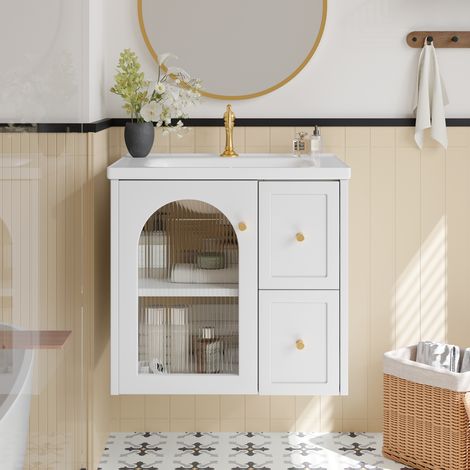 Waschbeckenunterschrank hängend modern mit Keramikbecken, geriffelter Glastür, LED-Innenlicht, MDF weiß