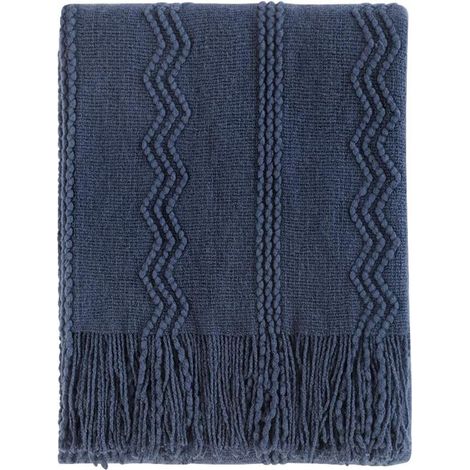Weiche, schlichte, rautenförmig gestrickte Wolldecke für Sofa, dekorativ, marineblau, 127 x 172 cm (1/4)