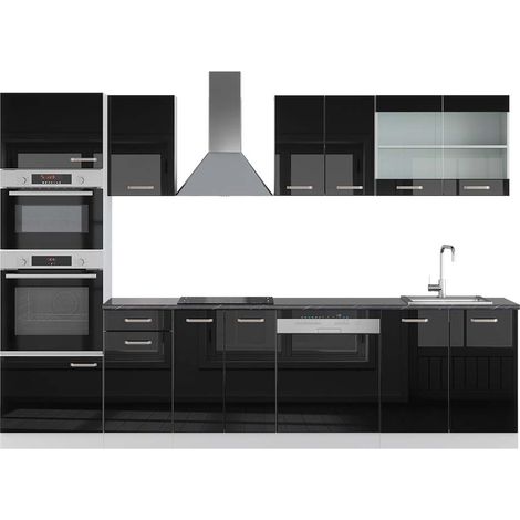 Mueble de cocina R-Line, Negro brillo/blanco, 300 cm con armario alto, ET Antracita, Vicco