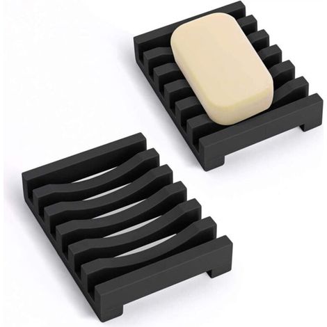 Set of 2 Long Soap Dishes, Black Silicone Soap Holder with Self-Draining Drainage, Drying Design, for Kitchen, Shower Room, Bathroom (Black)