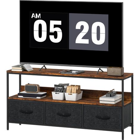 Meuble TV pour téléviseurs jusqu'à 55 pouces, avec 3 tiroirs et pieds en acier, 120 x 29 x 56 cm, marron rustique