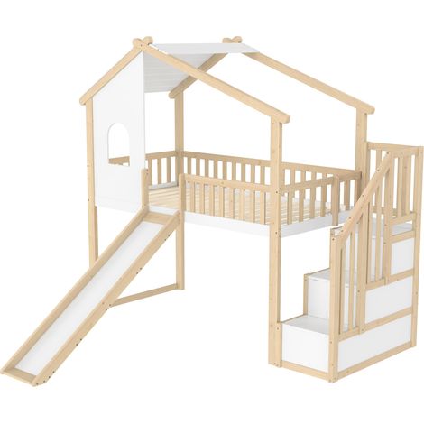 Letto a soppalco per bambini 90x200 cm con scivolo, scala contenitore, bianco e naturale (1/5)