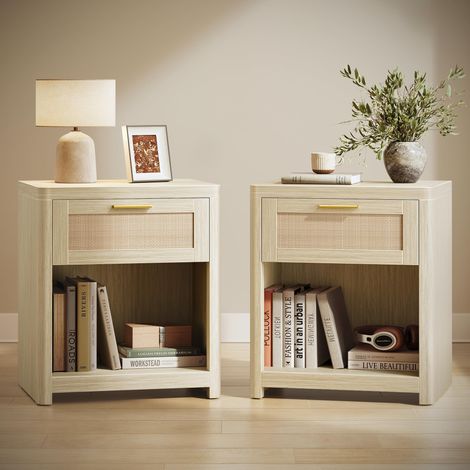 VASAGLE ELLAN Collezione - Comodini Boho con Cassetto Effetto Rattan, Set di 2, Tavolini con Scomparto Aperto, Angoli Arrotondati, Camera da Letto, Beige Naturale LET818LC01 (1/5)