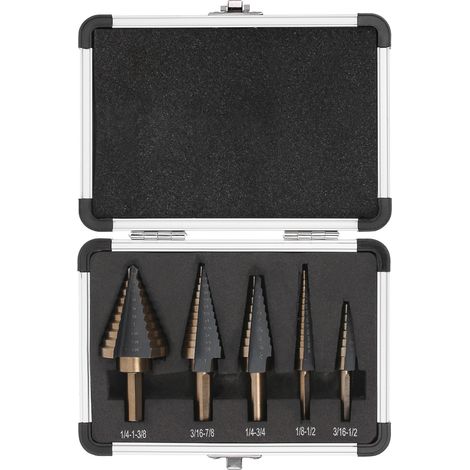 Coffret de 5 forets étagés en acier rapide 4241 pour le perçage du métal et du bois, avec coffret en aluminium. (1/5)