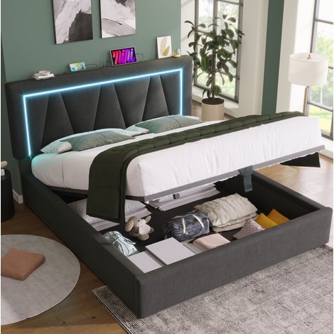 Bettgestell 140x200 cm grau aus Leinen mit höhenverstellbarem Kopfteil, LED-Beleuchtung, USB- und Typ-C-Ladestation (1/5)