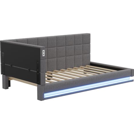 Letto imbottito multifunzione 90 x 200 cm in lino grigio con LED, presa USB e doghe (1/5)
