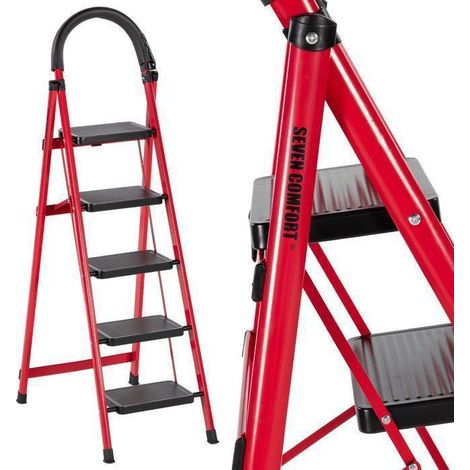 Sette Comfort-Escabeau 5 gradini-Pieghevole-Stabilità e sicurezza ottimali-carico 150KG-In Acciaio-Rosso