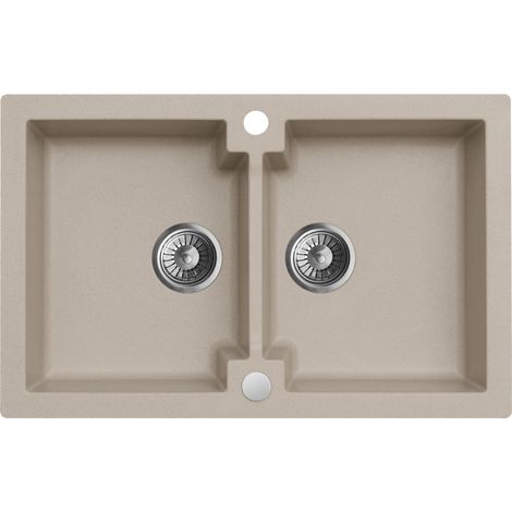 Granitspüle - Spülbecken - Küchenspüle - 79 x 50 cm - Beige - 2 Kammern - Einbauspüle - Kratzfest und Platzsparend - mit Siphon - Mojito 160 (1/5)