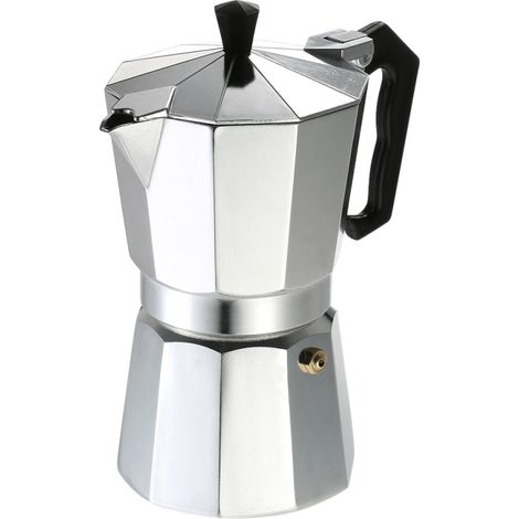 Cafetière italienne à percolation en aluminium 3 tasses, compatible avec cuisinière à gaz et four électrothermique.