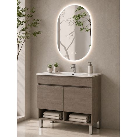 Bathroom cabinet with legs and ultra-slim basin ORIGENBATH NEBARI with legs and doors without mirror 50x40 cm smoked oak (1/5)