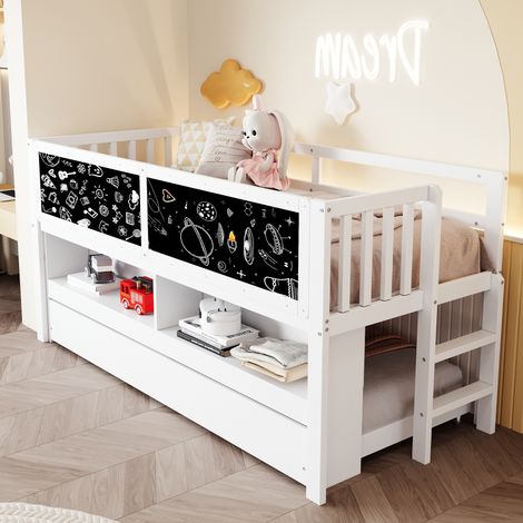 DESVIAE Lit enfant avec lit gigogne et rangements ouverts tableau ardoise échelle 90 x 200 cm bois blanc (1/5)