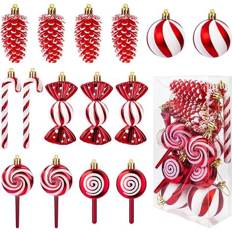 Lot de 15 Boules de Noël Décoration de Canne en Bonbon, Scintillantes Décoration Sapin de Noël en Plastique, Paillettes Sucre d'orge, Pommes de Pin, Sucettes, Ornements Rouge et Blanc (1/5)