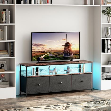 TV-Schrank 108x30x57 cm - Aufbewahrungsschrank mit RGB-LED-Beleuchtung & 4 Stoffschubladen - Stahl & Eiche-Optik, Schwarz