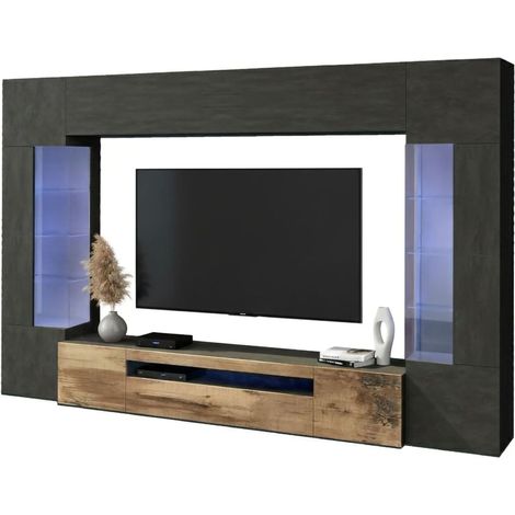 Dmora - Pared Equipada Dberard, Conjunto de salón Mueble TV con 6 puertas, Mueble de salón polivalente con luz LED, 100% Made in Italy, cm 290x40h191, Antracita y Arce