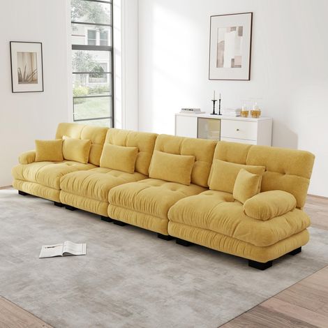 Canapé d'angle modulable 4 places avec assise profonde, canapé-lit en chenille, confortablement revêtu pour salon, appartement, studio, bureau, jaune (1/5)