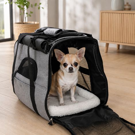 belviona Haustier-Tragetasche, Transporttasche für Katzen & kleine Hunde bis 10 kg, faltbar, mit Schultergurt & Liegekissen, grau (1/5)