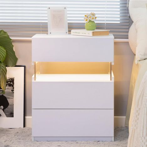 Table de chevet blanche LED avec 3 tiroirs et panneau acrylique, commode d'appoint multifonction pour chambre et salon, design moderne (1/5)