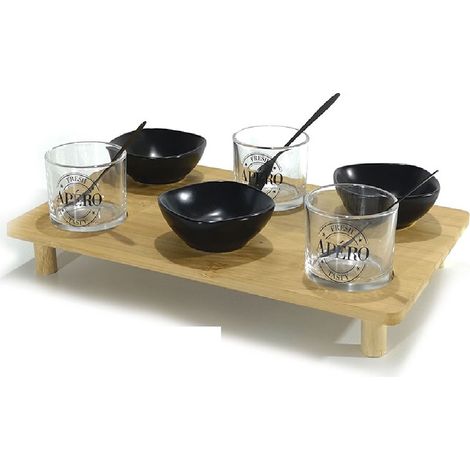 Vassoio per Antipasti in Legno con 3 Ciotole in Ceramica e 3 Bicchieri - Perfetto per Aperitivi e Cocktail
