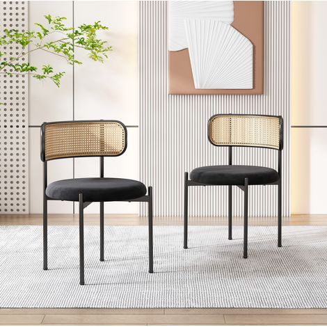 Lote de 2 sillas de comedor de terciopelo y ratán con patas de metal, modernas y sencillas para salón, negro (1/5)