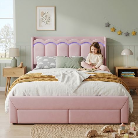 Lit enfant rembourré rose 140×200 cm, 2 tiroirs au pied du lit, tête de lit ondulée, surface de rangement, éclairage LED piloté par application pour chambre d’enfant (1/5)