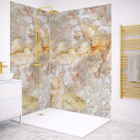 99Déco – Pack de 2 panneaux muraux de douche en PVC 90x220 cm et 120x220 cm – Effet pierre marbrée beige et gris – Profilés blancs inclus