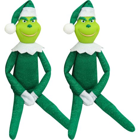 Lot de 2 Jouets en Peluche Grinch de Noël Poupée en Peluche Moche Décorations de Noël Ornements d'arbre Figurines sur la Table étagère de Bureau Cadeaux de Noël (Rouge + Vert) (2pcs Green) (1/3)