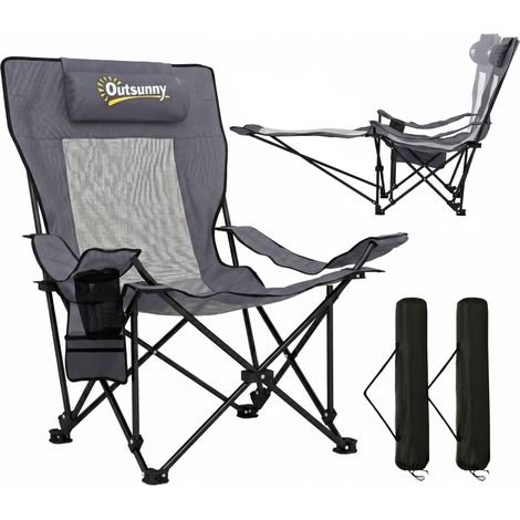 Ensemble de 2 chaises de camping pliantes avec dossier réglable, repose-pieds et porte-gobelet en gris foncé (1/5)