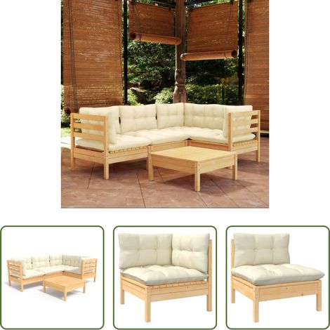 Holzgartenmöbel - 5-tlg. Garten-Lounge-Set mit Creme Kissen Kiefernholz (1/5)