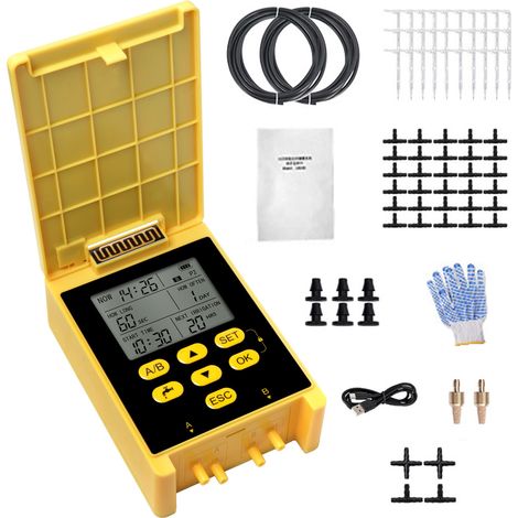 Solar-Tropfbewässerungsset mit zwei Pumpen für 30 Pflanzen, Regensensor, Digitalanzeige, Solarpanel und 30 m Schlauch