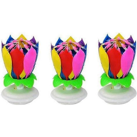 Lot de 3 bougies musicales d'anniversaire. motif lotus rotatif coloré. 8 mélodies. extinction automatique (1/5)